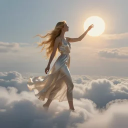realistic scene of a mysterious woman in silky clothes with long golden hair walking on a clouds trying to touch the sun, detailed, 1 4 5 0, delicate, hyper realism, ultra realistic, 8 k