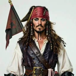 a potrait of pirates, king of pirates, gold teeth, crazy hair, wearing armor, flag on his back, 1 6 0 0 century, jack sparrow, black beard, one piece, photo realistic, in a circle, nft style, dust, grain, scretch on picture, noise, deep focus, high detail