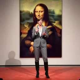 a female ceo wearing a suit and high heel boots giving a ted talk!, looks like mona lisa, sharp focus, hyper realistic, centered, extremely detailed, long shadows, a painting by leonardo da vinci