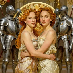 engraving full figure portrait of natalie portman and scarlet johansson, with robots guards, in medieval armoury, painted by alphonse mucha, albrecht durer, jean delville, alphonse mucha, jan van eyck, da vinci.