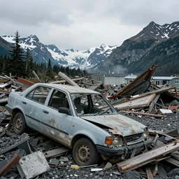 aftermath of the destruction caused by the 1 9 6 4 alaska earthquake, deformed landscape, broken down car, by nathan walsh, photography