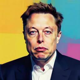 the portrait of depressed, miserable, sorrow elon musk feeling pessimistic, colorful pop art, modern art, by andy warhol