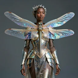 brown woman wearing a dragonfly armor. iridiscent. extremely photorealistic. super detailed. layered. textured. award winning. dispersion of light. refracted lighting. soft. fragile. by ray caesar. by louise dahl - wolfe. by tom bagshaw. surreal photoraphy