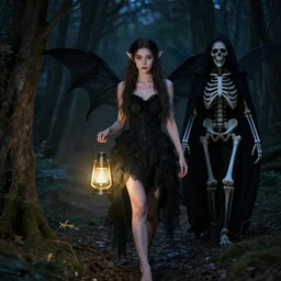 a photo of beautiful woman elf walks in night forest holding lantern in hands, hunted by dark fairy demon ghost of death black skeleton in cloak hood, perfect faces,