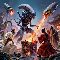 Drop a xenomorph into feudal Japan!!, the ancient Greeks crack open the Hellraiser box!!!, security rhox, cinematic, hyper realism, high detail, octane render, unreal engine, 8k, vibrant color, mage duel, Snakes, melting Spaceships!, by andrea chiampo and chet zar