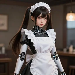 “ a hyper realistic character concept art of a japanese cyborg maid girl, twintail hair, frontal angle, rendered in unreal engine, trending in artstation, cgsociety, artgerm, highly detailed, cinematic, volumetrics ”