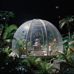 Film still of a see through dome on a spacestation, view out into space, dark sky, stars, tropical plants and trees grow all around, birds, butterflies, bokeh, Cinestill colour cinematography, anamorphic