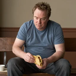 fat patrick stewart sitting on a bench eating tacos