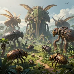 concept art, chased by large insect biomes, fantasy, megafauna jungle, intricate details, style by wlop, photorealistic, concept art, cinematic lighting, anime color palette, artstation, cgsociety, ultra detail