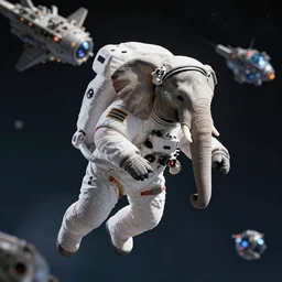 elephant astronaut flying in space, background spaceship, drawing, octane render, volumetric lighting