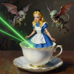 hyperrealist painting alien creatures flying in a teacup saucer shooting green lasers, theme alice and wonderland meets wizard of oz