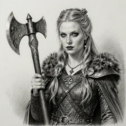 hyper realistic pencil drawing of a goth viking princess, detailed, rim light, diffused, intricate, axe, by anna dittmann