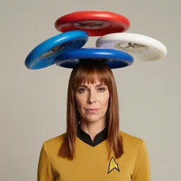 guinan from star trek wearing random frisbees and hoops on her head