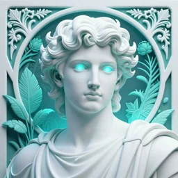 the god hermes, young man, curly hair, glowing eyes, volumetric lights, cyan and white scheme, art nouveau botanicals, gothic, intricate, highly detailed, digital painting, artstation, concept art, smooth, sharp focus, symmetric face, illustration, steampunk, art by artgerm and greg rutkowski and alphonse mucha