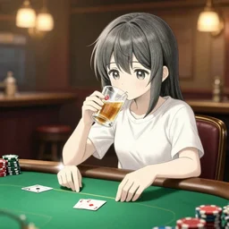 anime character playing poker and drinking in a cozy bar 1 2 1 2, volumetric lighting, hyper real, pencil art, moody lighting, cute, comfy