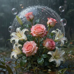 beautiful digital matter cinematic painting of whimsical botanical illustration of roses and lilies on bubbles and rain, whimsical scene bygreg rutkowki artstation