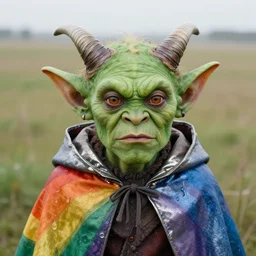 closeup portrait of a green-horned goblin monster, wearing a cloak made of rainbows and metal, in an empty field, by Annie Leibovitz and Steve McCurry, natural light, detailed face, CANON Eos C300, ƒ1.8, 35mm, 8K, medium-format print