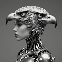 a profile portrait, a stunning young woman - cyborg with a mutant eagle head, editorial photography, bw, shot on 7 0 mm, depth of field, f / 2. 8, high contrast, 1 6 k, volumetric lighting, shiny, insanely detailed and intricate, hypermaximalist, elegant, ornate, hyper realistic, super detailed