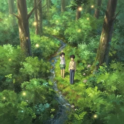 makoto shinkai, yoji shinkawa, ilya kuvshinov, rumiko takahashi, overhead shot, bird's eye view, beautiful forest with a stream running through it, light leaks, fantasy, highly detailed