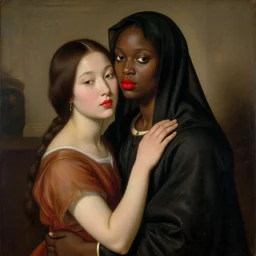 Woman holding another woman, arm around her neck, she is Korean, the other black, both have red lips, wearing a veil, Pre-Raphaelite style