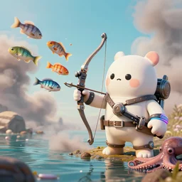 scifi scene, landscape, cute monsters, hold mechanical bow and arrow, wearing brand of off white style, catching colorful fishes + sepia + octopus, with depth of field, octane render, neon hand sports bracelet, standing on the water ground, with splatoon style, smoke war, comic paint, anorld render, unreal engine render, vfx, octane render, highly quality, artstation, 4 k,