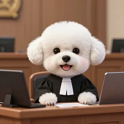 a closeup photorealistic illustration of a cute smiling white bichon frise judge wearing a black gown at the bench and commanding the courthouse. this 4 k hd image is trending on artstation, featured on behance, well - rendered, extra crisp, features intricate detail, epic composition and the style of unreal engine.