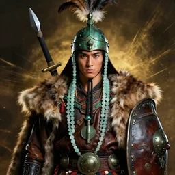 beautiful full - bodied portrait depicted an tai ethnic king, young japanese male face, clothed with an glass canelian agate beads, dongson bronze artifacts, leather, elegant and rich cloth made of fur and leather. he wears on head a helmet made of bronze, feathers, attaches iron sword and leather shield. by daniel f. gerhartz and artgerm and greg rutkowski. dark fantasy art, energetic mood, golden ratio composition, dynamic lighting, trending on artstation, poster, volumetric lighting, 4 k