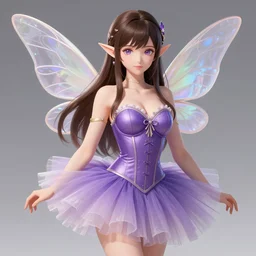 brunette elf with fairy wings, wearing purple corset top and pancake tutu, fantasy, highly detailed, digital painting, trending on pixiv, concept art, sharp focus, illustration, anime