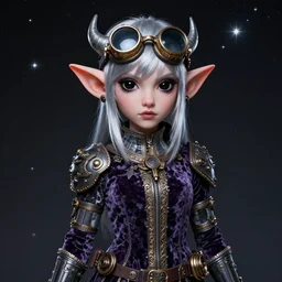 beautiful full body portrait of a female cyberpunk gnome silver, wearing a fancy velvet tunic, steampunk goggles, by wlop and artgerm, steampunk! fiction, detailed deep black eyes, starry background, trending, on artstation.