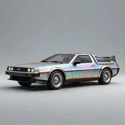 Tricked out lowrider delorean, five spike mag wheels, holographic wrap, high detail, photorealism, full length view, very rust, concept art, octane render, 16k, 8k