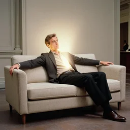 portrait photograph of a man pretending he is a couch, he is the product in a product photography shoot, emitting aura, 1 9 6 0, life magazine photo, natural colors, metropolitan museum, kodak, 8 k, very detailed, high resolution, product photo,