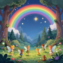small fairies, enchanted forest, small animals, stars in the sky, rainbows, hallucination, psychotropic psychedelic, wide angle shot, white background, vector art, illustration by frank frazetta by salvador dali
