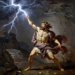 Zeus hurling a massive lightning bolt at Mount Olympus, painting by Rembrandt, oil on canvas