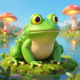 photo of a very tough baloon frog, guardian of the holy lake, moss, grassy, beautiful environment, glowing mushrooms, clear blue sky, digital painting, highly detailed, masterpiece
