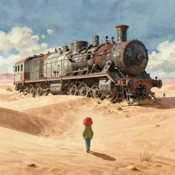 wholesome animation key shot, ultra wide, parka redhead alone explore an abandoned schwerer gustav!!!!, desert, sand, studio ghibli, pixar and disney animation, sharp, disney concept art watercolor illustration by mandy jurgens and alphonse mucha and alena aenami, pastel color palette, bloom!!! dramatic lighting