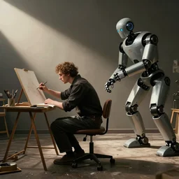 A film still of a painter sitting at a table being dragged from his drawing table by a robot