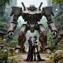 by oka yasutomo and anna dittmann, visually stunning, cinematic, * * ultra realistic, hyper realism, 1 2 k, epic, octane render, unreal engine, vfx, maya, japanese garden in a space fortress * *, a huge rusting mech, crazy fashion catwalk, butch cyborg woman repairs herself, a death metal album cover art
