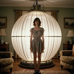 backlit photograph of young woman, standing in front of powerful dazzling orgone accumulator in 1 9 3 0's suburban living room, crisp focus, highly detailed, in roger deakins style, 3 5 mm ektachrome, ultra sharp