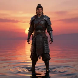 full length portrait of a male warrior, rendered in daz 3 d, ray - tracing, water ripples, sunset, vibrant color, mysterious atmosphere, depth of field, cinematic lighting, focused, rule of thirds, trending on artstation