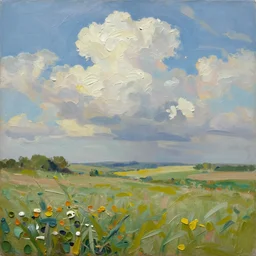 oil paint impasto reliefs summer fields, super realistic, influenced by constables cloud studies, painted with expressive paint and cumulus clouds,