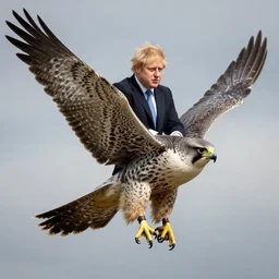 boris johnson riding a falcon, fantasy, realistic, majestic