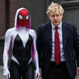 Boris Johnson as Spiderman, standing next to spider-gwen, marvel universe, realistic, cinematic, detailed