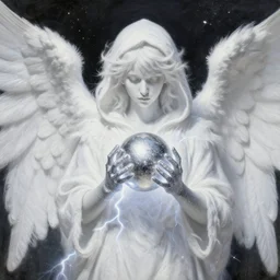 highdetailed hyperrealistic painting of white holographic angel in the hood lightning hands with silver sparkles!!!, giant silver ball on the chest!!!!!, 4 k hd fur face!!!, big wings, by jan van eyck, holography space, white sparkles everywhere, thin strokes, white monochrome color!!!!!, hyperrealism textures, realistic