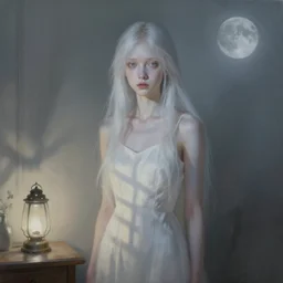 The princess stands in the middle of the room, pale and thin. The small lamp on the desk casts shadows across her body, making it look surreal. Her hair is so fine and light that it seems almost invisible in the pale moonlight.Her beauty is unreal, impossible.A very high quality photorealistic painting. Very detailed face. 4k, trending on artstation