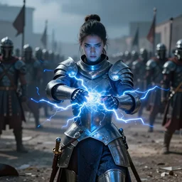 action scene, of a distant shadowy female knight, shooting electricity from her hands, at a large roman army in the background, symmetrical face, cobalt blue hair, fantasy, medieval, digital art, trending on art station, 8 k resolution, award - winning photo,, highly detailed scene, powerful imagery, vibrant art