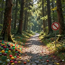 a forest made out of skittles, a walking cobblestone path with a 🚫 sign, digital art, UE5 render.