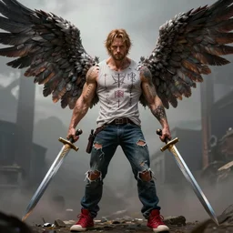 high Fantasy Sam Winchester is a muscular armoured angel holding swords angei wings wide open, teared apart T-Shirt and jeans, red Sneakers, whole body tattooed with runes and satanic symbols, D&D!, fantasy style, sharp focus!, ultra detailed, art by Artgerm and Peter Andrew Jones, WLUP