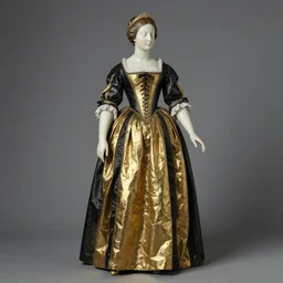 a statue of a woman in a black and gold dress, a flemish baroque by ignacio zuloaga, trending on pinterest, baroque, flemish baroque, made of beads and yarn, ornate, sculpture by pedro roldan