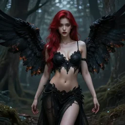 a beautiful cinematic sexy female seraphim, black wings slightly burnt, fantasy forest landscape, fantasy magic, red black fade hair, dark light night, intricate, elegant, sharp focus, illustration, highly detailed, digital painting, concept art, matte, art by WLOP and Artgerm and Greg Rutkowski and Alphonse Mucha, masterpiece