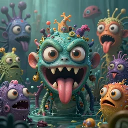 intricate colourful murky with strange cute friendly angry crazy creatures with huge beauty eyes * * * long tongue triangle teeth and scary face appearing from the water, in the style of craola, shallow depth of field, highly detailed, digital painting, trending artstation, concept art, illustration, cinematic lighting, vibrant colors, photorealism, epic, octane render